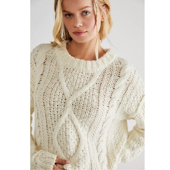 Free People Neutral Cable Knit Chunky Cutting Edge Cable Pullover Sweater Large - Picture 3 of 12
